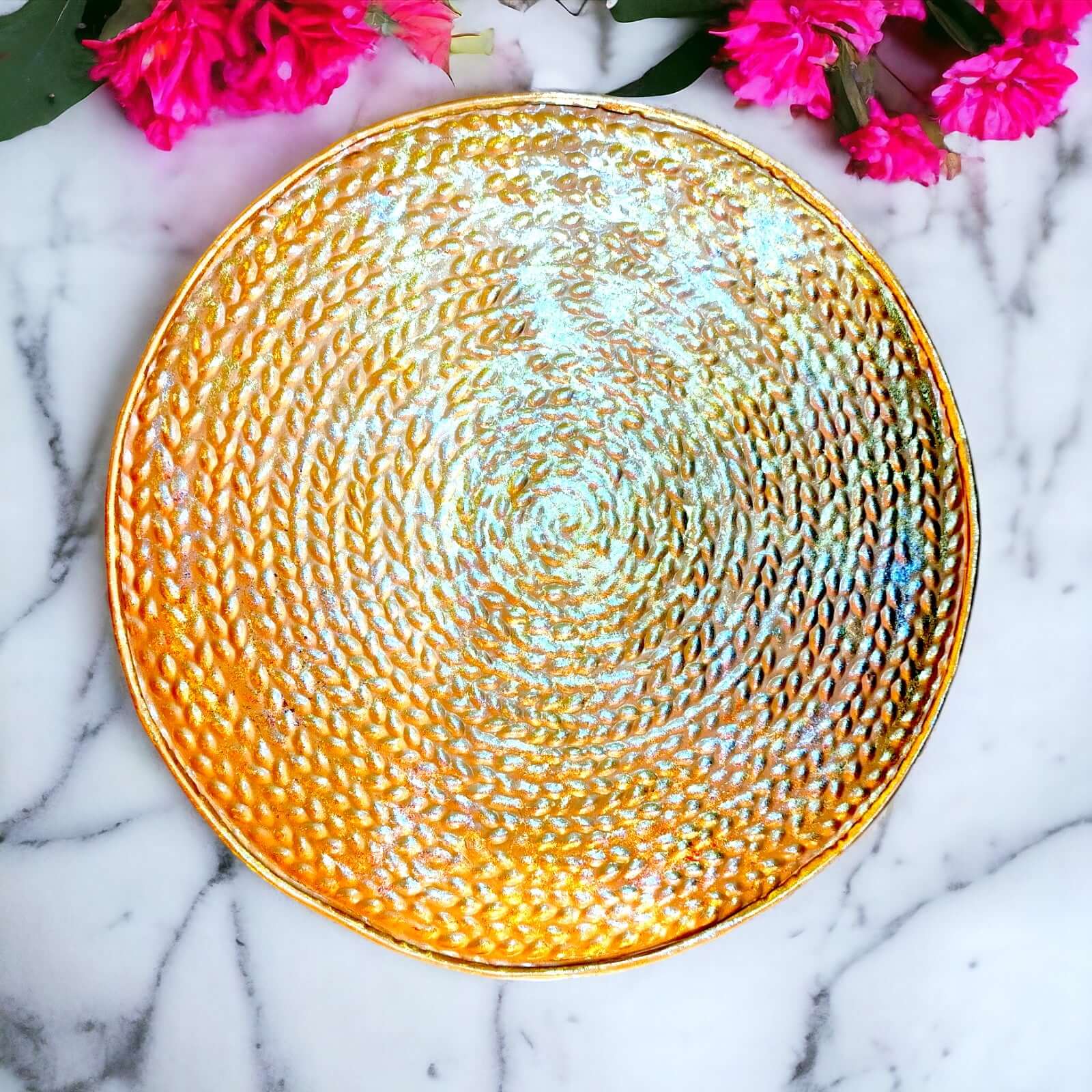 Metal Round Platter – Carved  – Glittery Gold and Silver (12×0.5 inch)