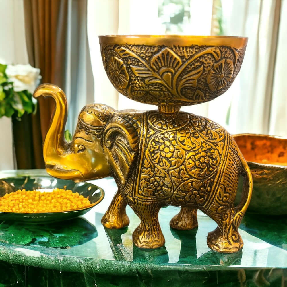 Metal Elephant Dry Fruit Bowl Showpiece Gold Polish for Your Home,Office Table & Gift Article,Animal Decorative Showpiece Figurines (640 Gram)