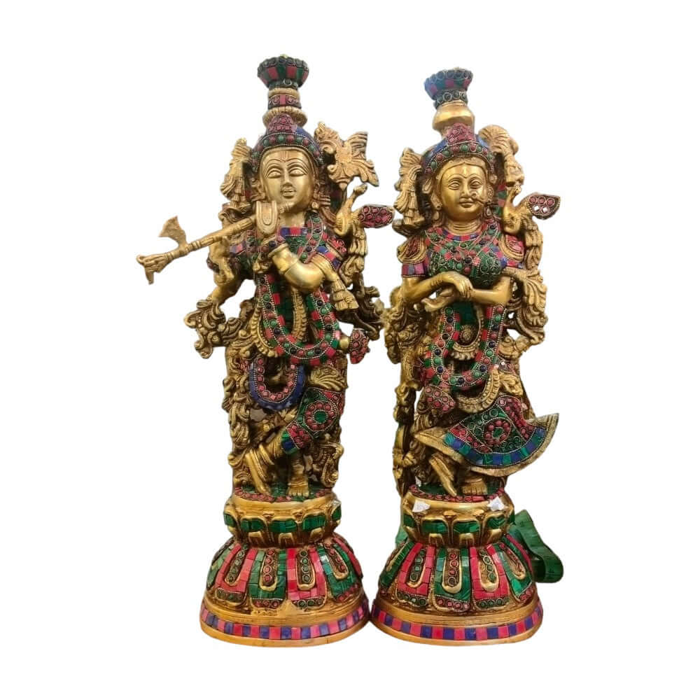 Brass Big Radha Krishna Idol/Multicolour Stone Work Showpiece/Standing on Flower Base Radhe Krishna Murti/for Home Office Temple/Standard Idol ( 17.8 Kg)