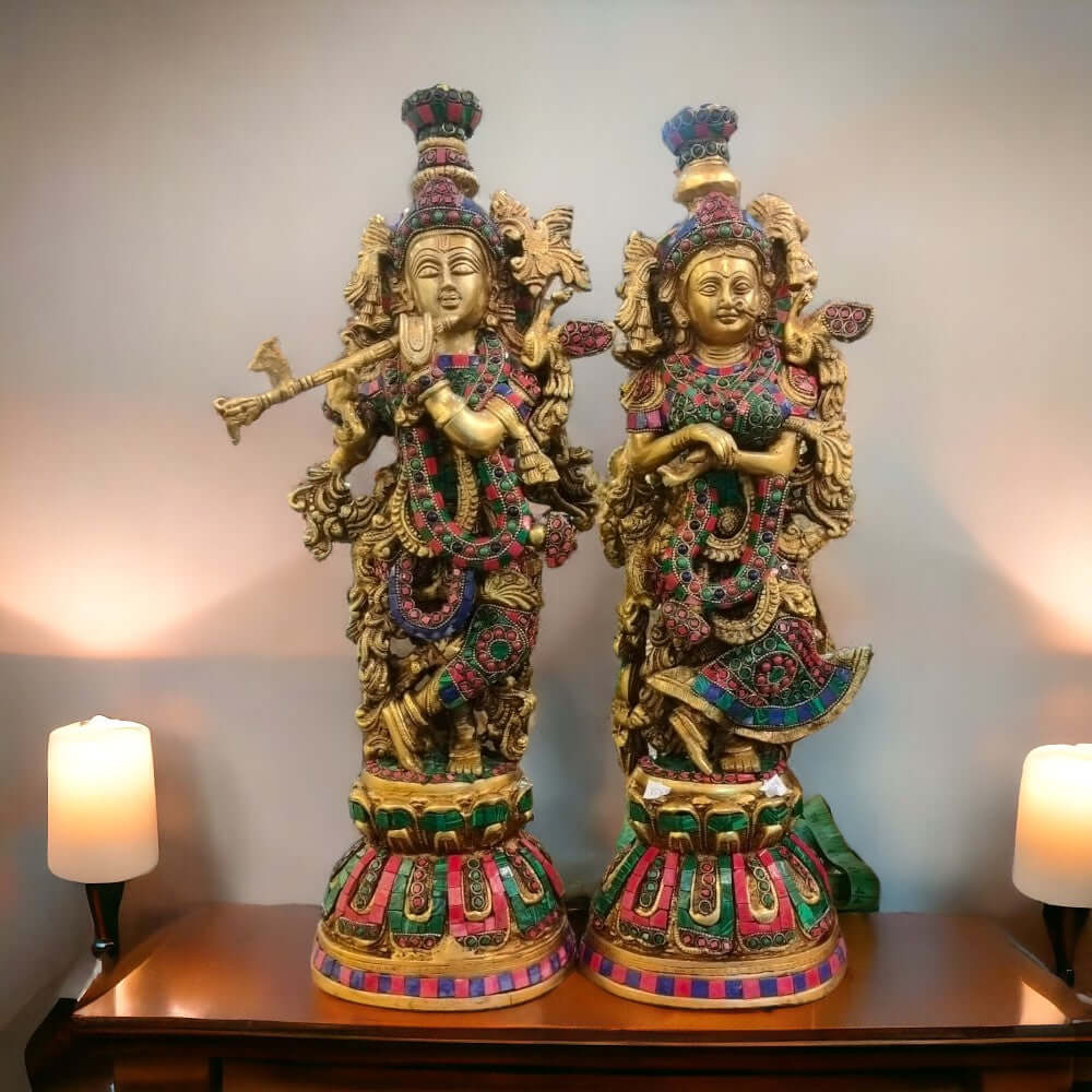 Brass Big Radha Krishna Idol/Multicolour Stone Work Showpiece/Standing on Flower Base Radhe Krishna Murti/for Home Office Temple/Standard Idol ( 17.8 Kg)