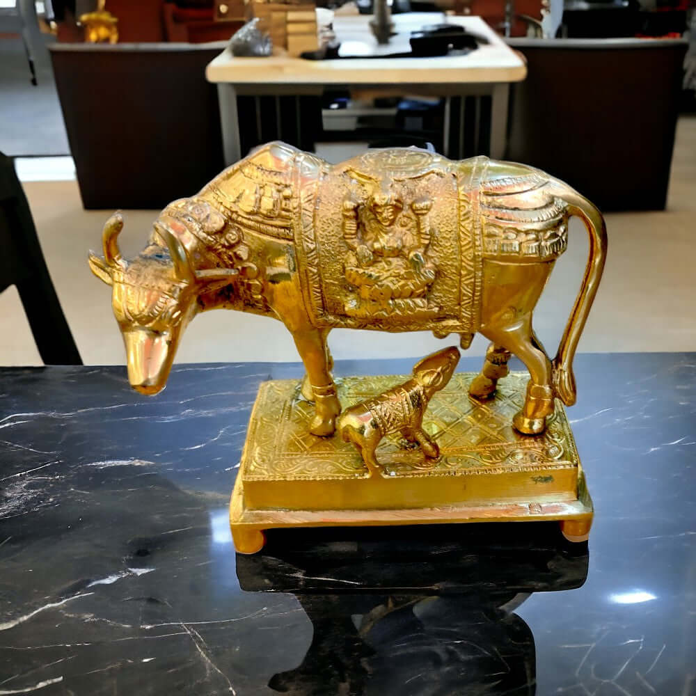 Kamdhenu Collections Brass statue Cow And Calf Statue Showpiece  5 inches height
