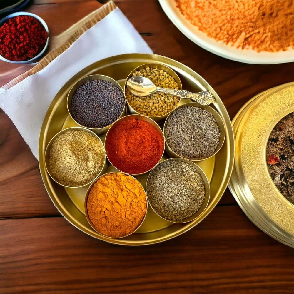 Brass Masala Dani Indian Spice Box with Brass and Glass Cover and Spoon 7 Containers For Kitchen medium size