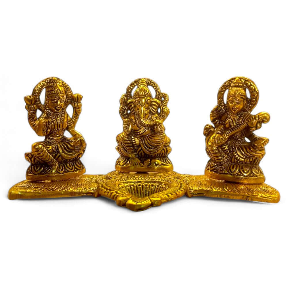 Laxmi Ganesha Saraswati with Diya for Pooja Gold Color Plated Decorative Showpiece