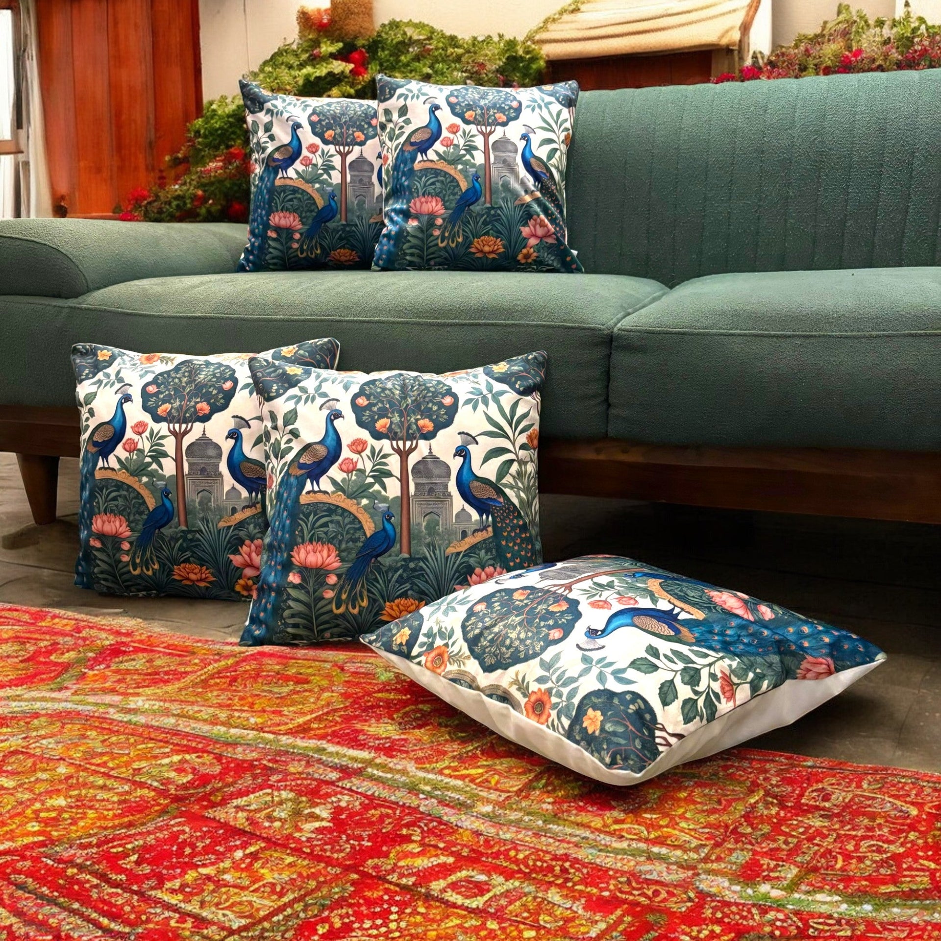 Peacock Garden Velvet Cushion Cover