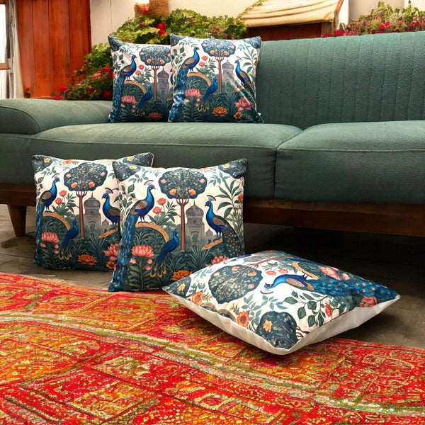 Peacock Garden Velvet Cushion Cover