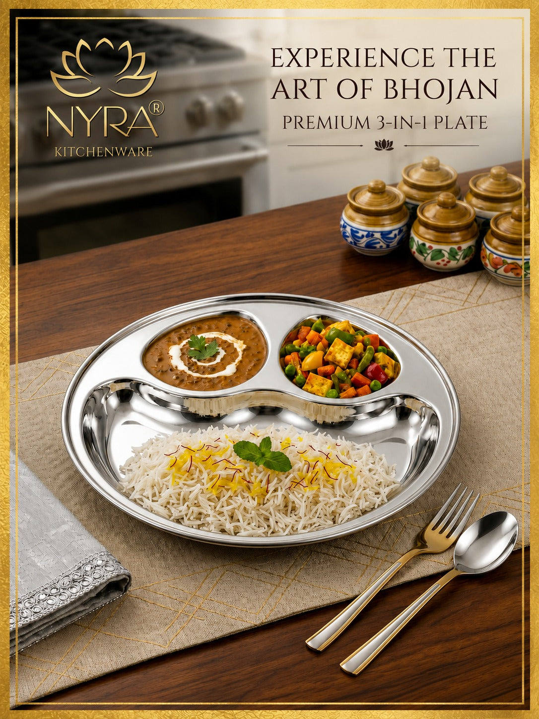 Stainless Steel Partition Plate | 3 in 1 Compartment Bhojan Thali |