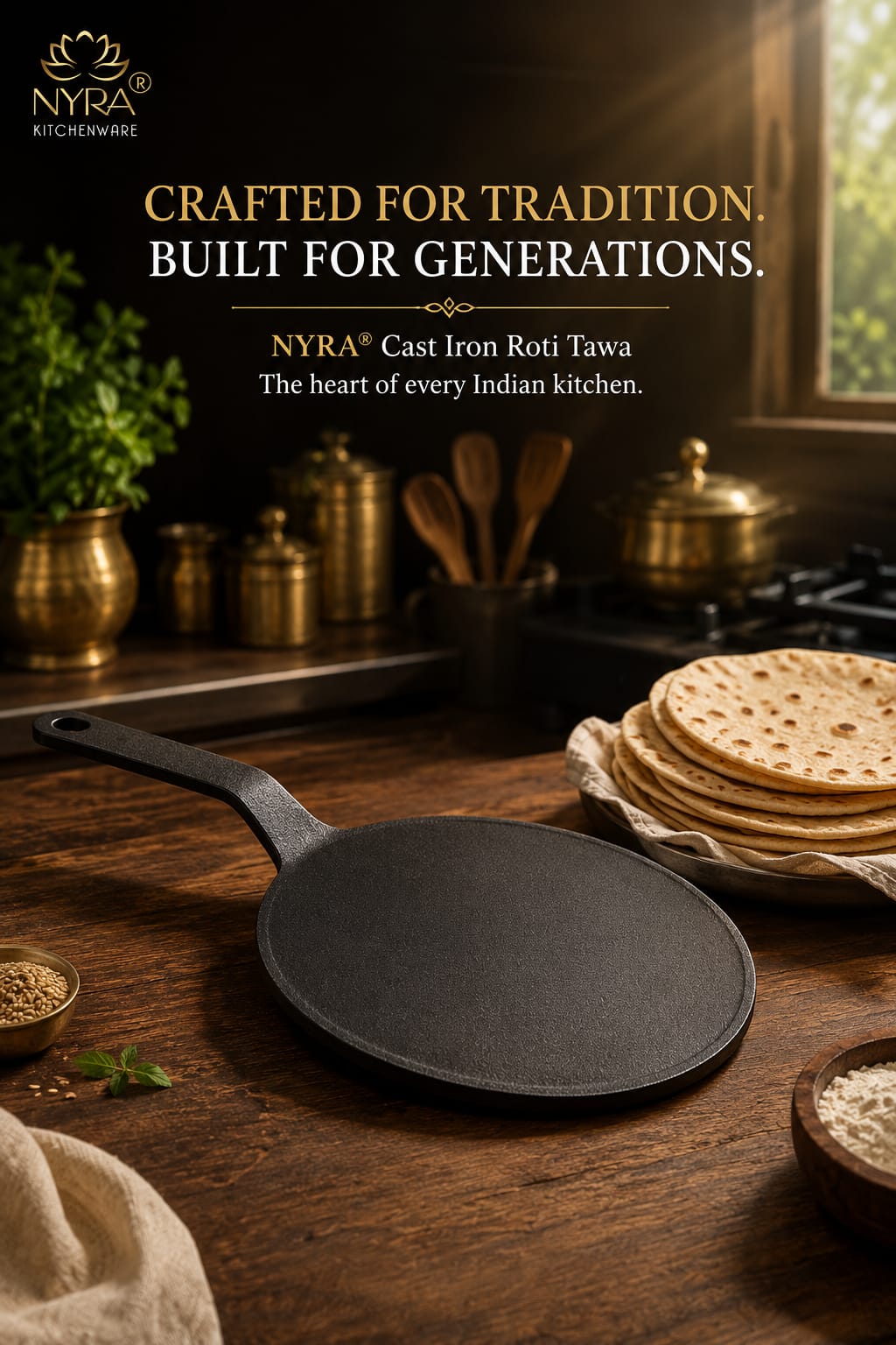 Cast Iron Roti Tawa | Pre-Seasoned, Naturally Non-Stick & Gas Stove Compatible