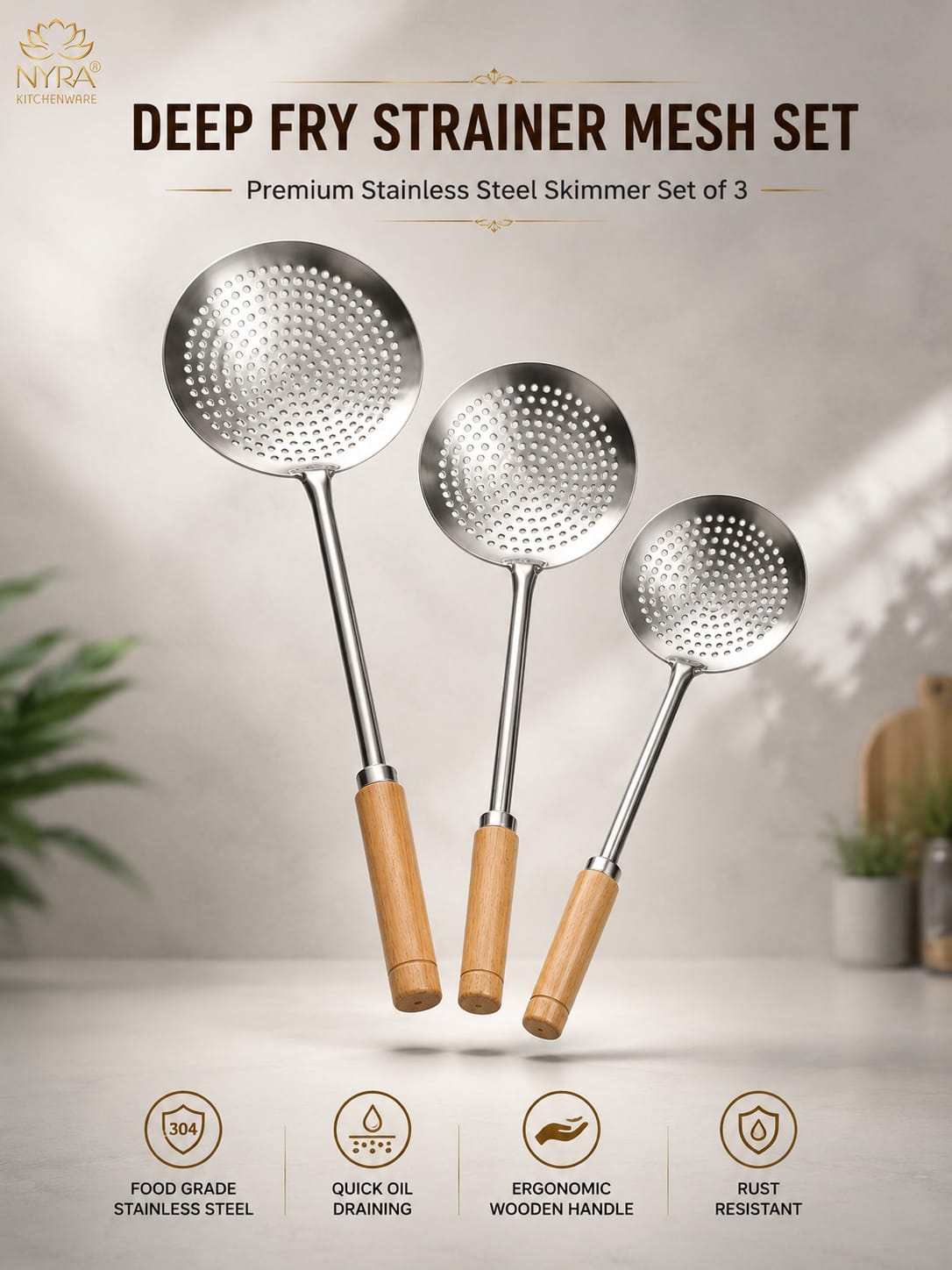 Deep Fry Strainer Mesh | Deep Fry Jhara /Skimmer | Puri Strainer with wooden handle - set of 3 |