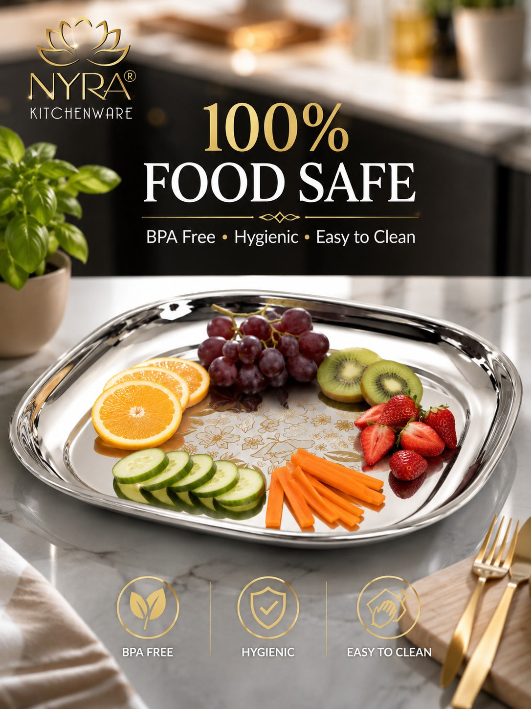 Stainless Steel Set of 12 pieces- Quarter and Full-Size Plates with Laser Print Set for Lunch/Dinner