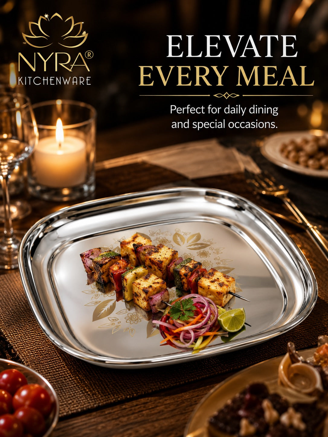 Stainless Steel Set of 12 pieces- Quarter and Full-Size Plates with Laser Print Set for Lunch/Dinner