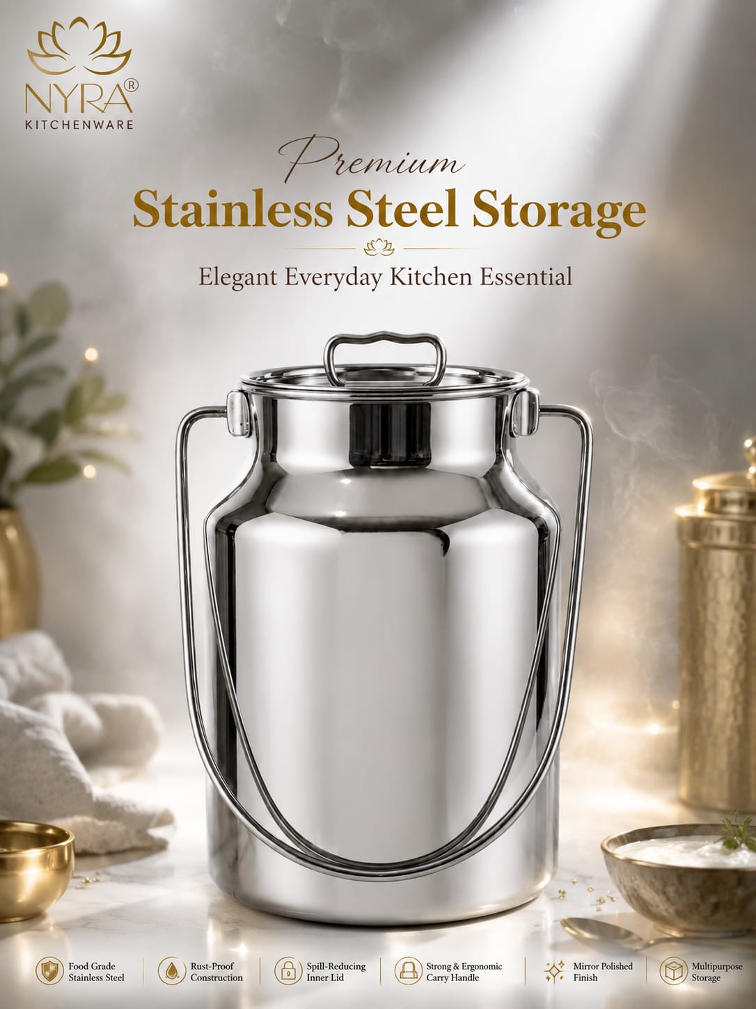 Premium Stainless Steel Milk & Oil Container with Lid – Durable Storage Solution - 6 Sizes