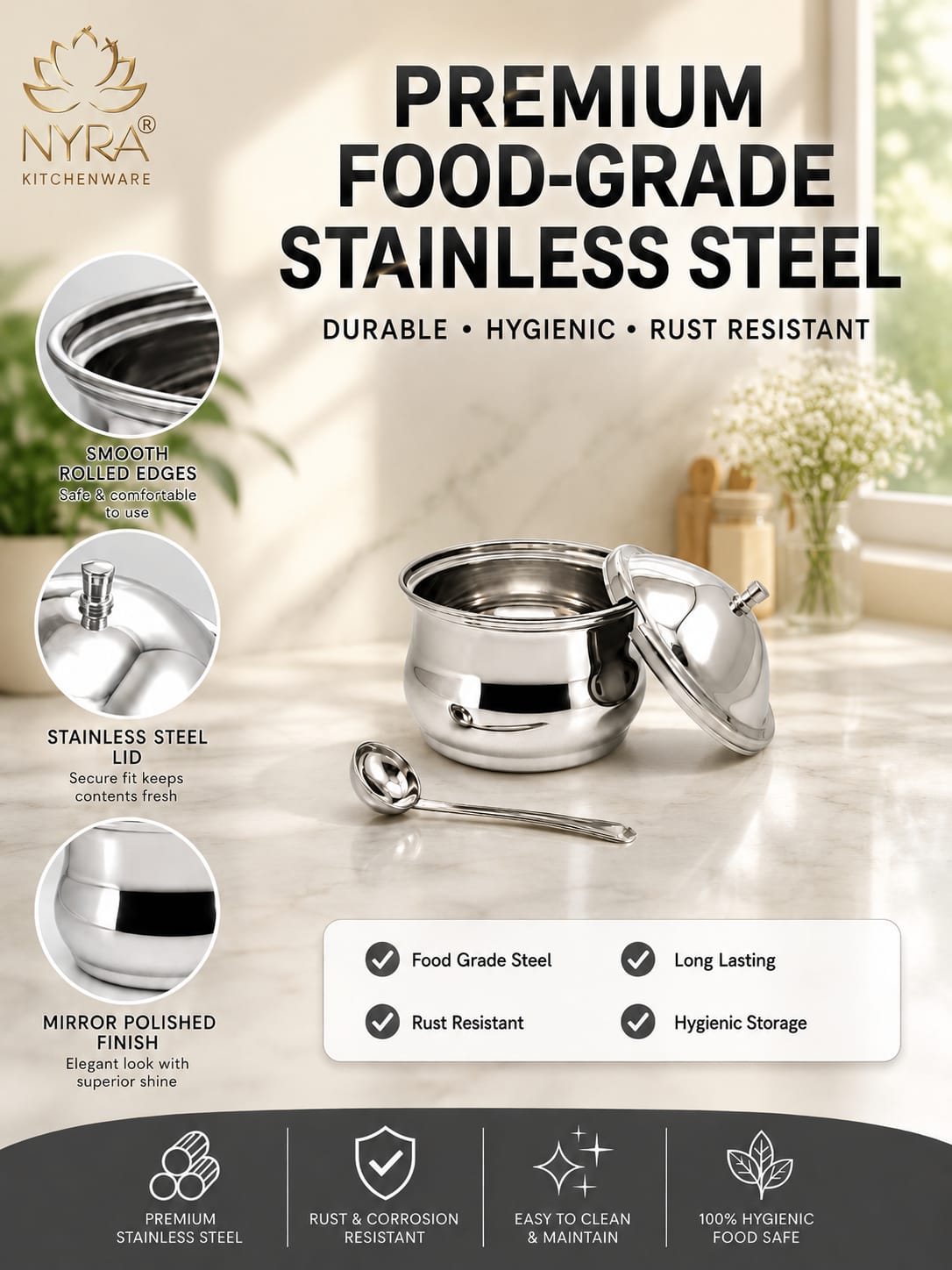Stainless Steel Ghee Pot With Spoon | Oil/Ghee Storage Container