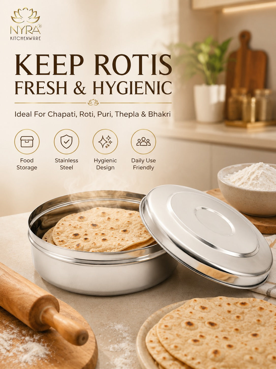 Stainless Steel Chapati Box Set | Multipurpose Kitchen Storage Containers Set of 3pcs.