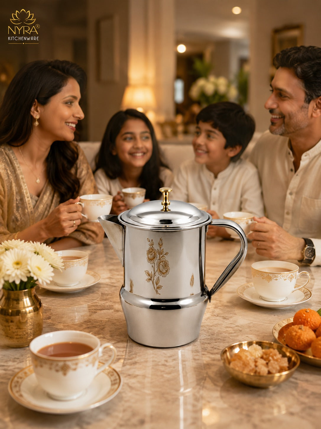 Stainless Steel Tea/Coffee Pot | Lazer Floral Print with Brass Knob