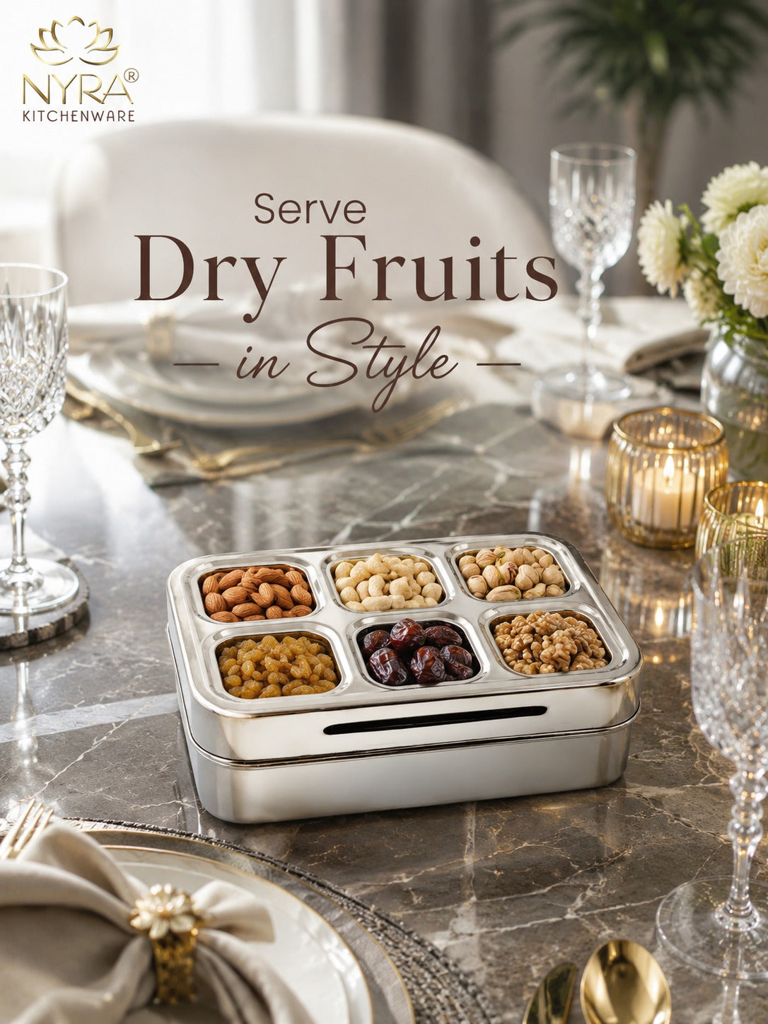 Stainless Steel 6 Compartment Dry Fruit/Spice Box for Kitchen Organization - See-Through Lid Masala/Snacks/Dry Fruit Box