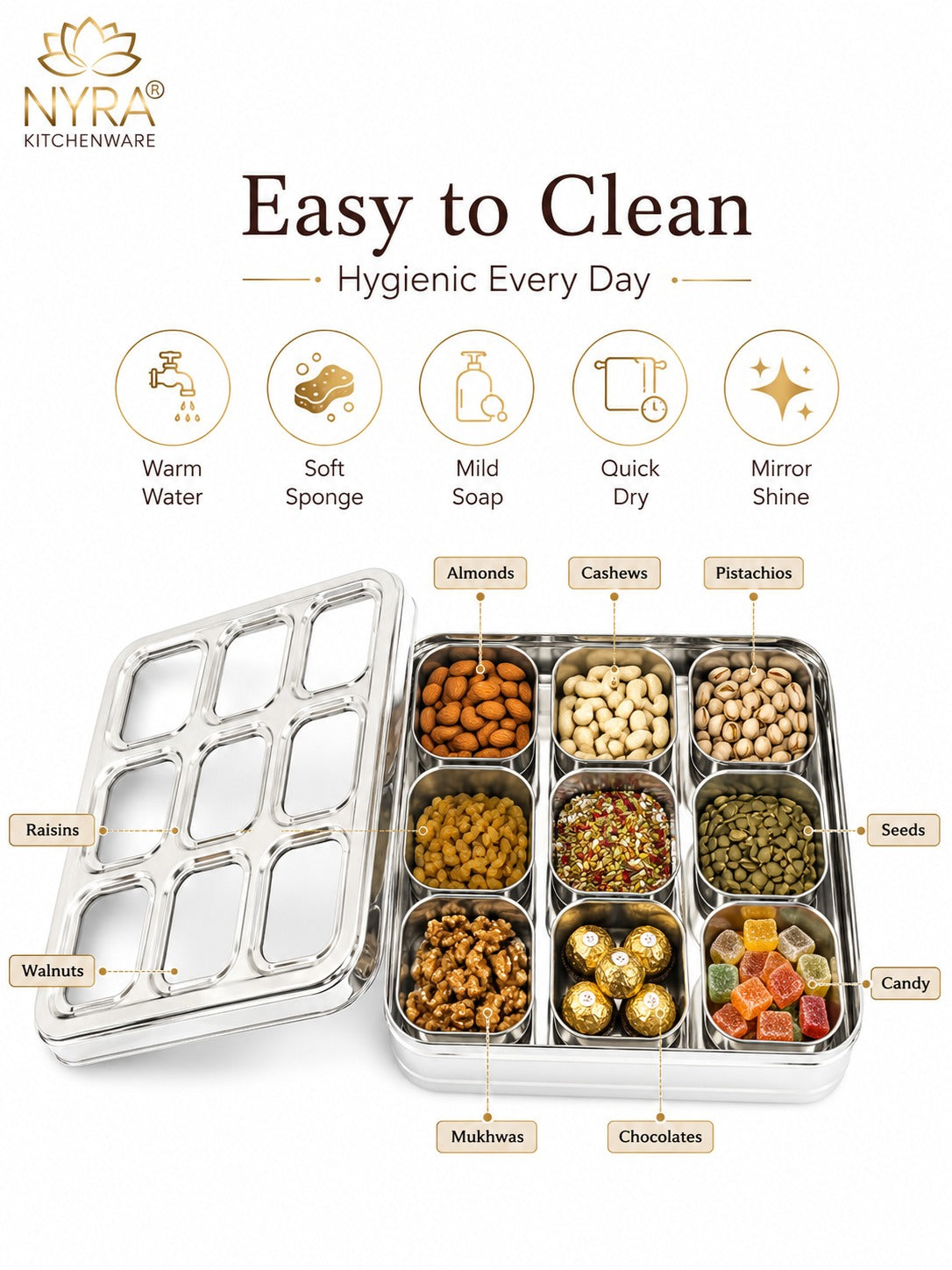 Stainless Steel 9 Compartment Dry fruit/Spice Box | Square-shaped Multipurpose Box | Kitchen Organiser with See-Through Lid