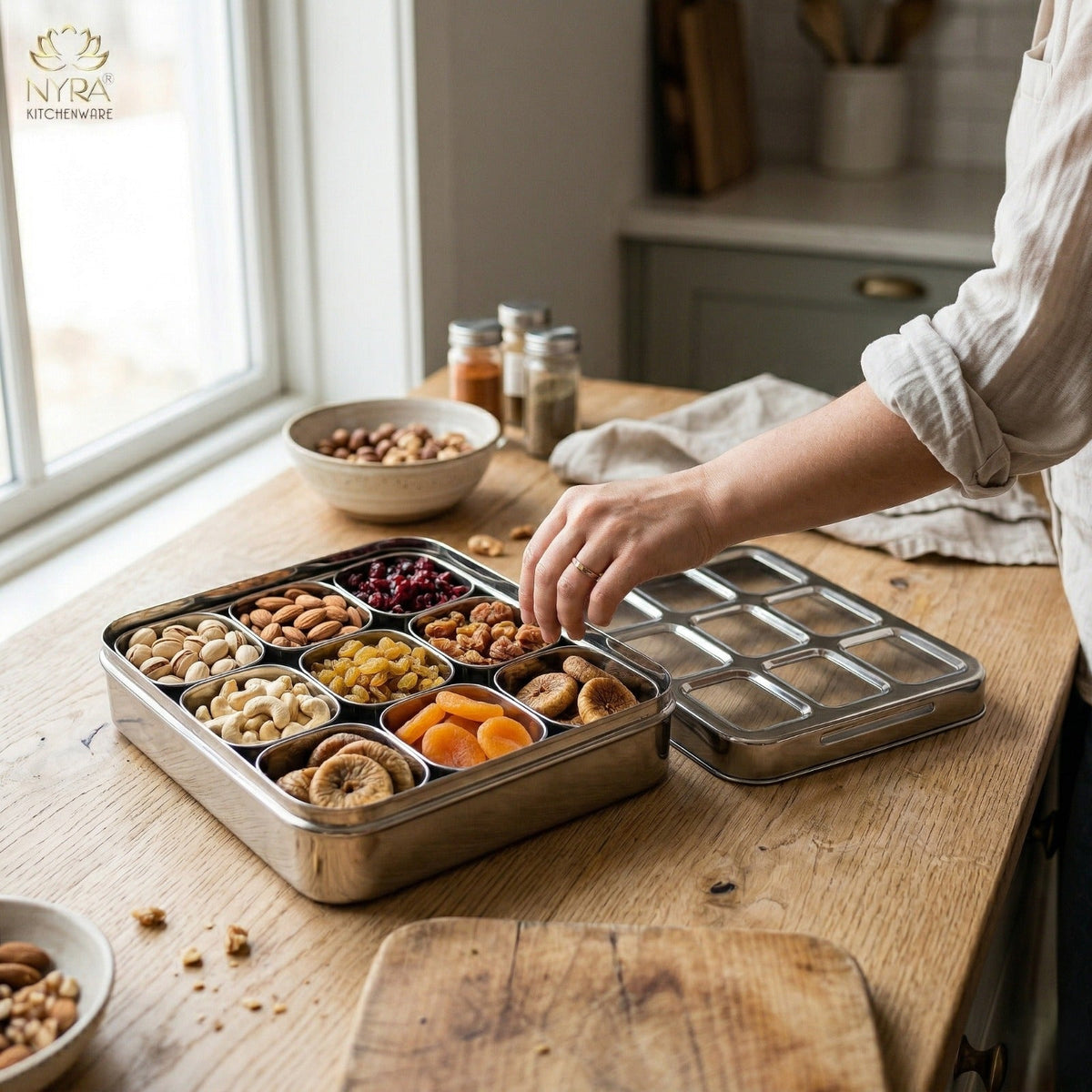 Stainless Steel 9 Compartment Dry fruit/Spice Box | Square-shaped Multipurpose Box | Kitchen Organiser with See-Through Lid