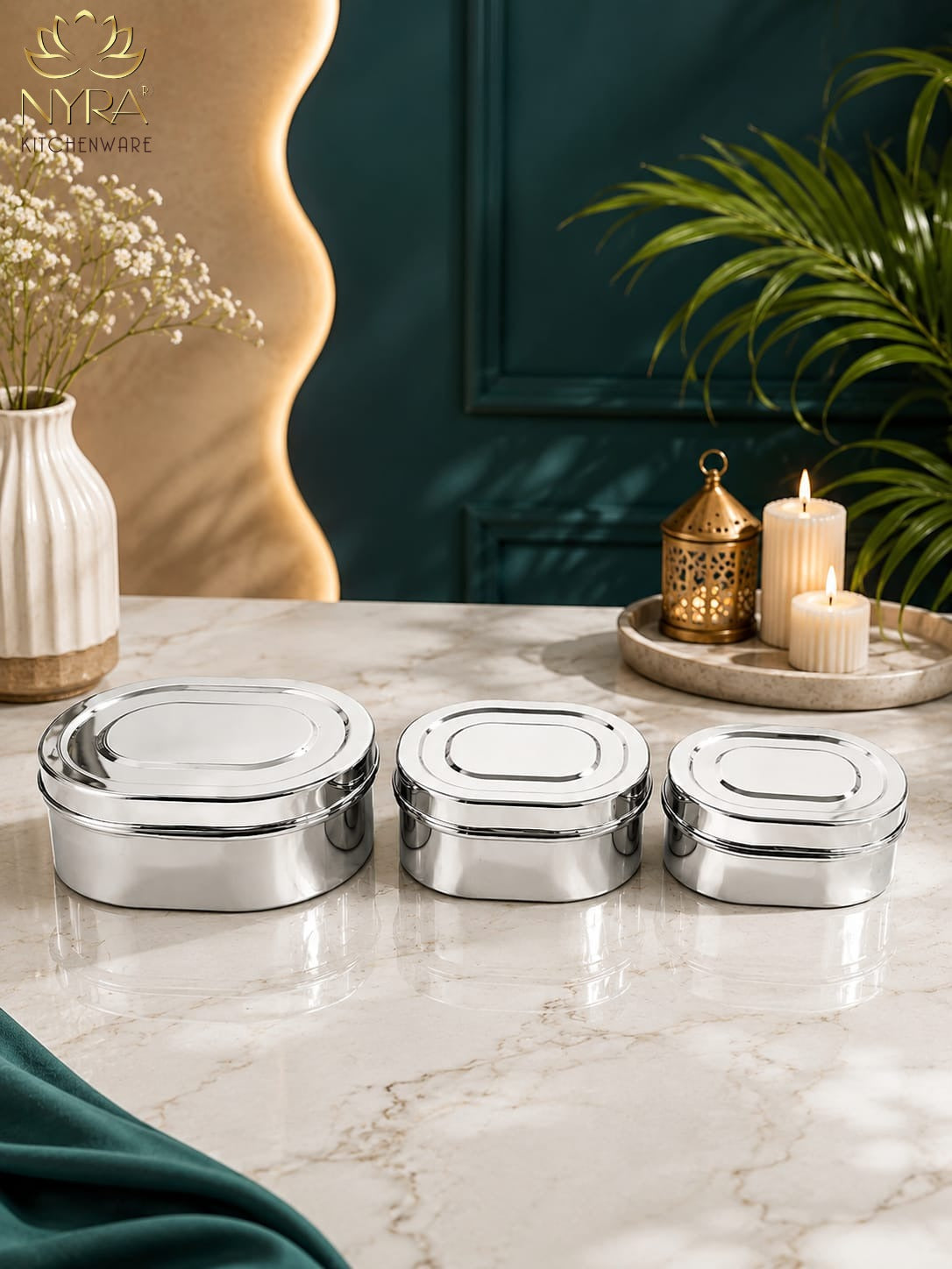 Capsule Shaped Multi-Purpose Stainless Steel Food Storage Container Set of 3 | Tiffin, Flat Canister, Dibba | Airtight & Glossy Finish | Kitchen Essentials |