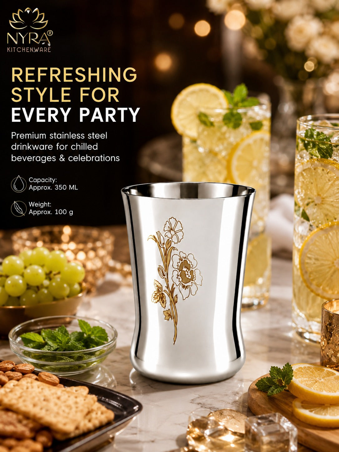 Stainless Steel Floral Laser-Printed Glass/Tumbler – Premium Drinkware Set
