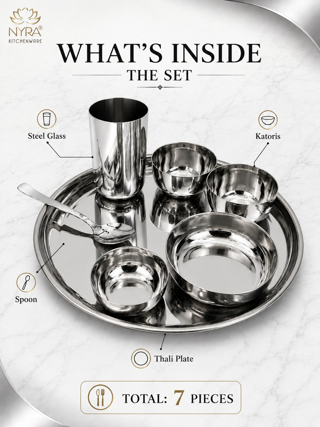 Stainless Steel Premium Thali/Dinner Set of 7-Pieces | Elegant Dinnerware