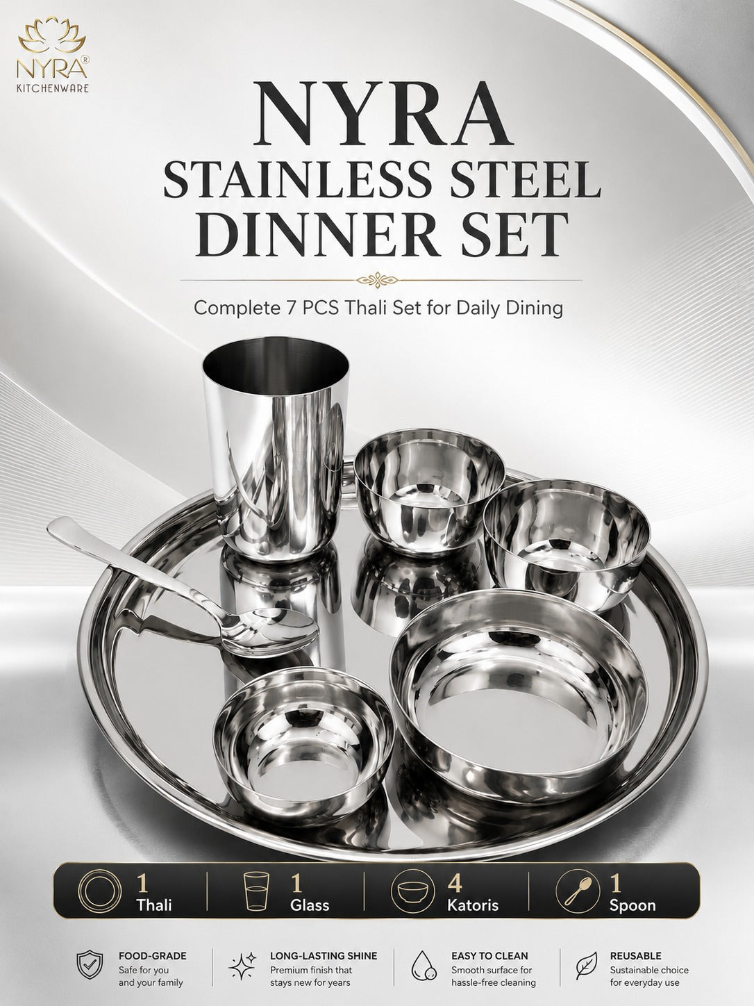 Stainless Steel Premium Thali/Dinner Set of 7-Pieces | Elegant Dinnerware