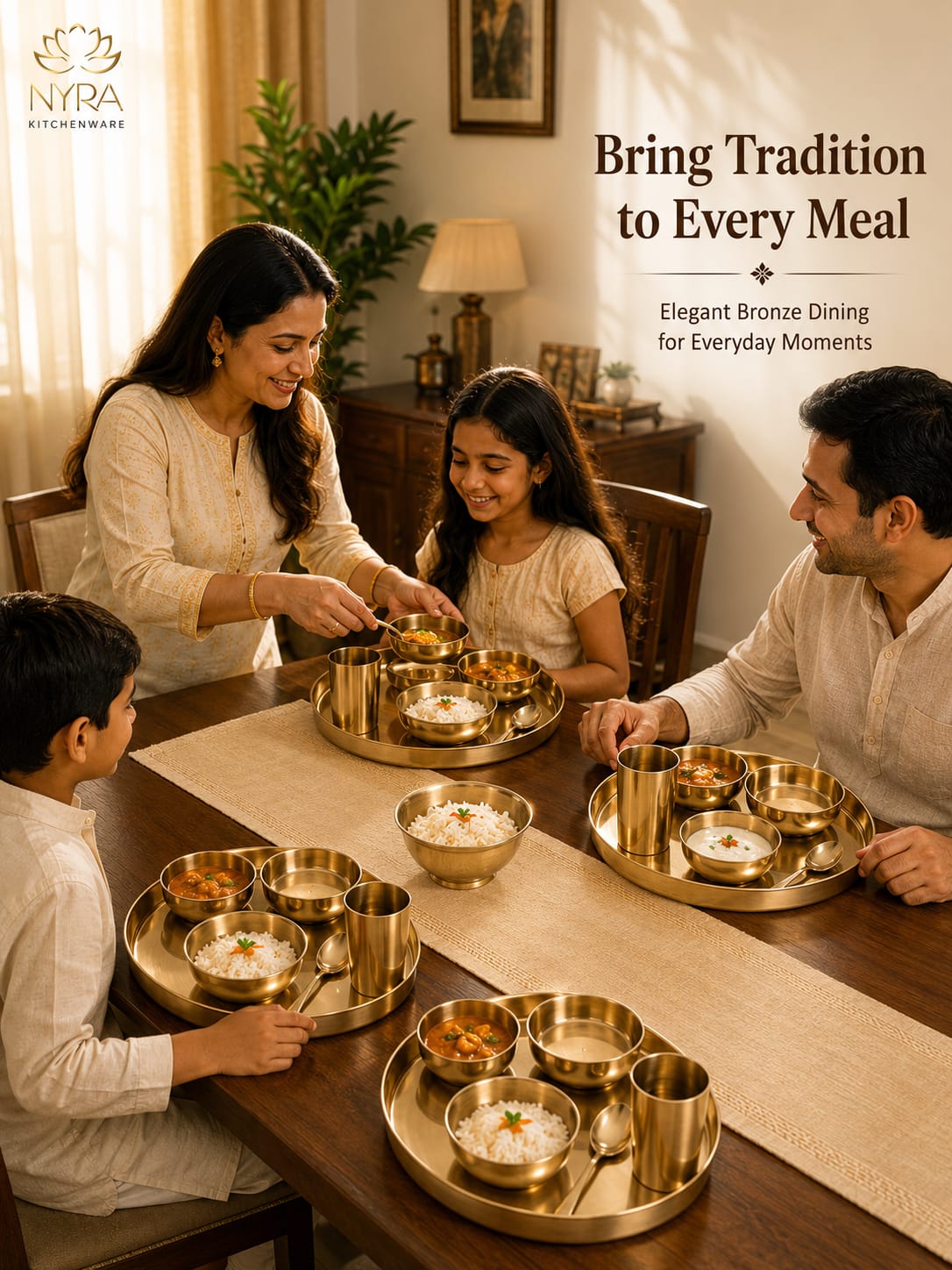 A family of four sharing a meal together in a warmly lit dining room, using elegant bronze-colored brass thali sets with bowls, cups, and spoons on a wooden table. The image features the NYPA Kitchenware logo in the top left and promotional text in the top right.