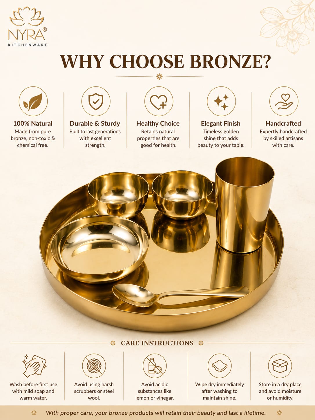 An informational product graphic for an NRYA brand bronze-colored brass or bronze idli maker set, featuring a round tray with three small compartments, a cylindrical cup, and a spoon. The image includes text sections titled 'WHY CHOOSE BRONZE?' and 'CARE INSTRUCTIONS' with icons and descriptions on a light cream background.