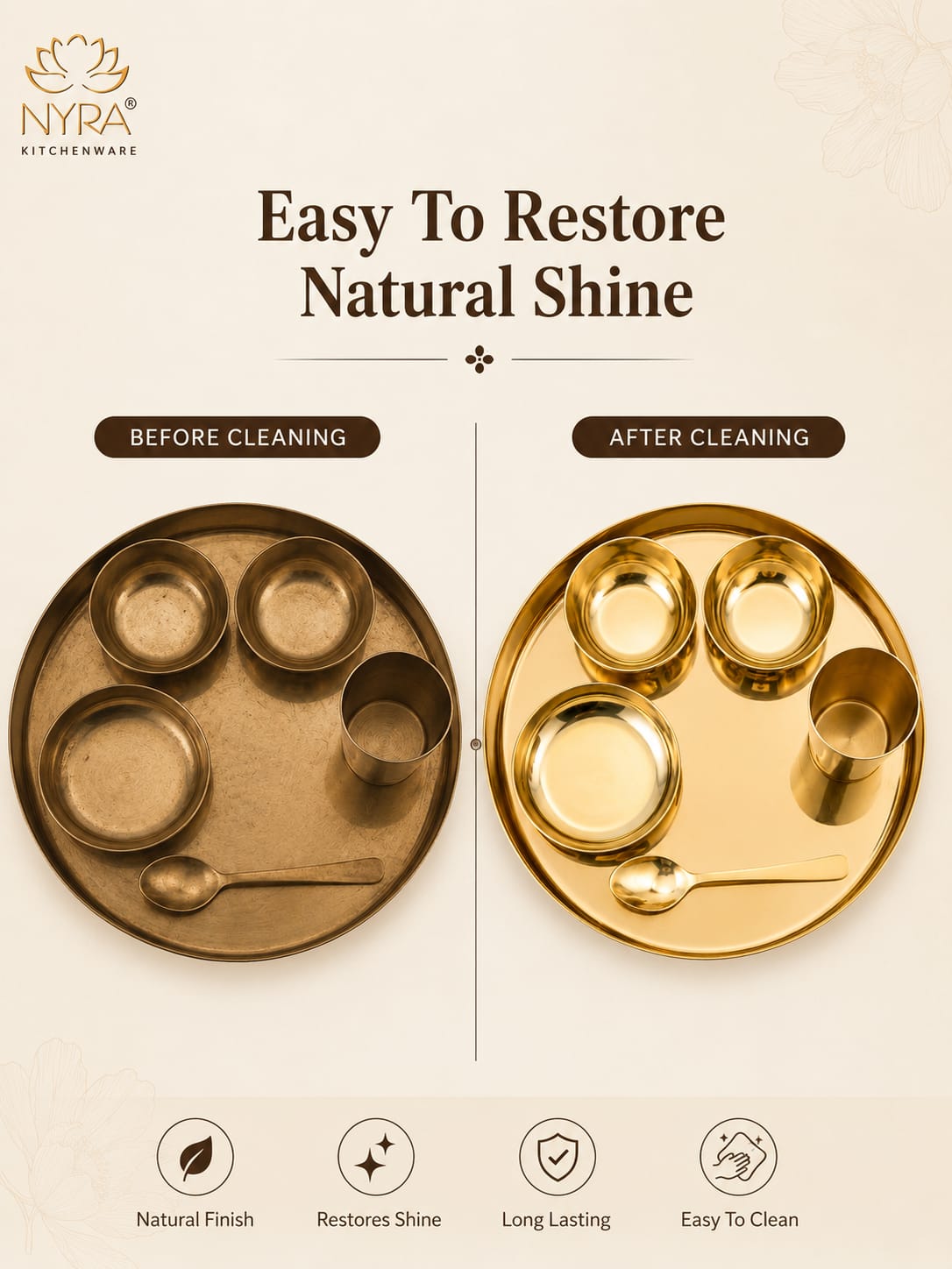 A promotional graphic for NYPA Kitchenware showing a round brass or gold-toned serving tray and matching small vessels with a before-and-after shine comparison. The left side is labeled 'Before Cleaning' and appears darker and less reflective; the right side is labeled 'After Cleaning' and appears brighter, cleaner, and more polished.