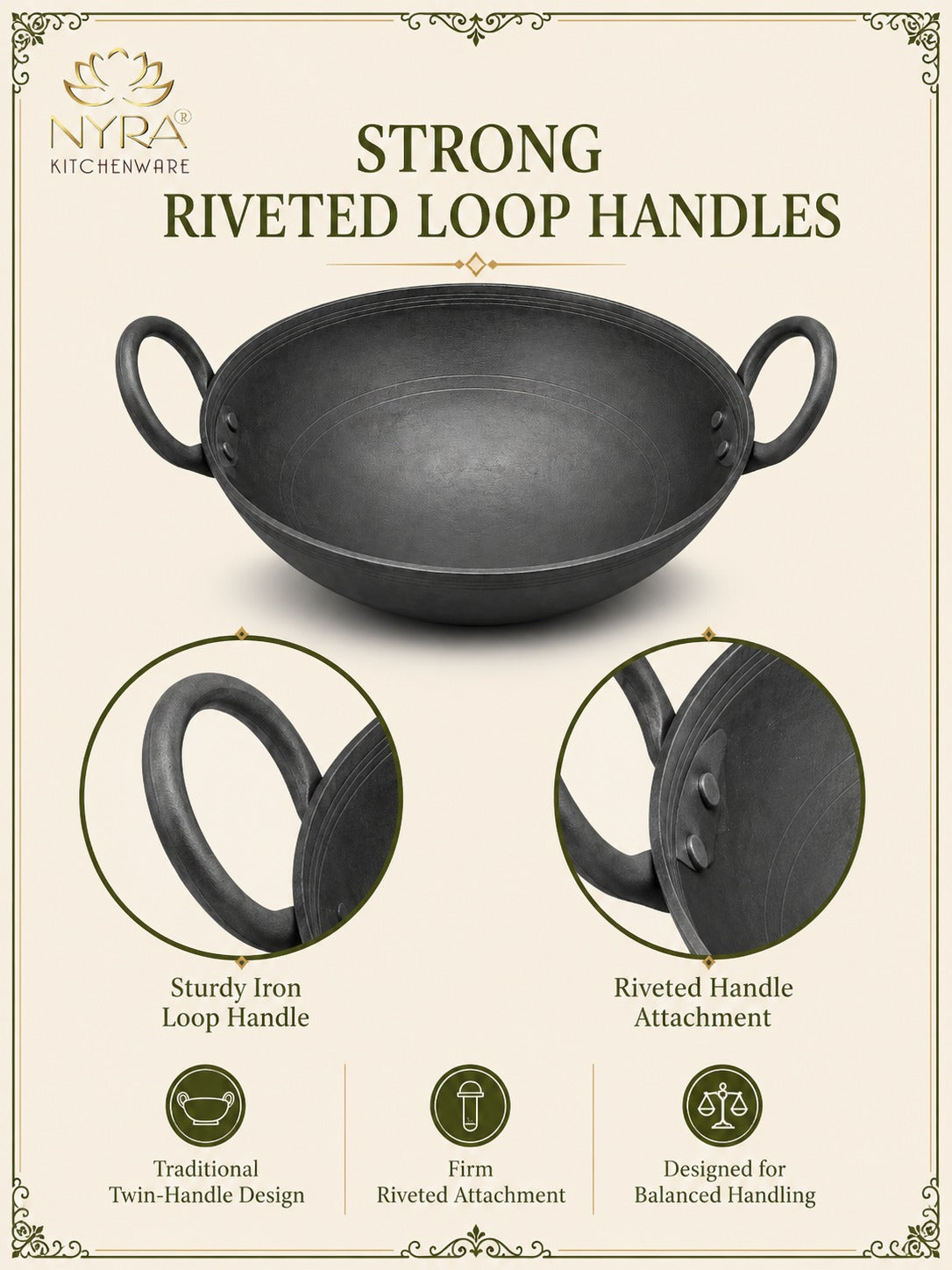 Traditional Black Iron Wok/Kadhai with Sturdy Handle - 4 Sizes
