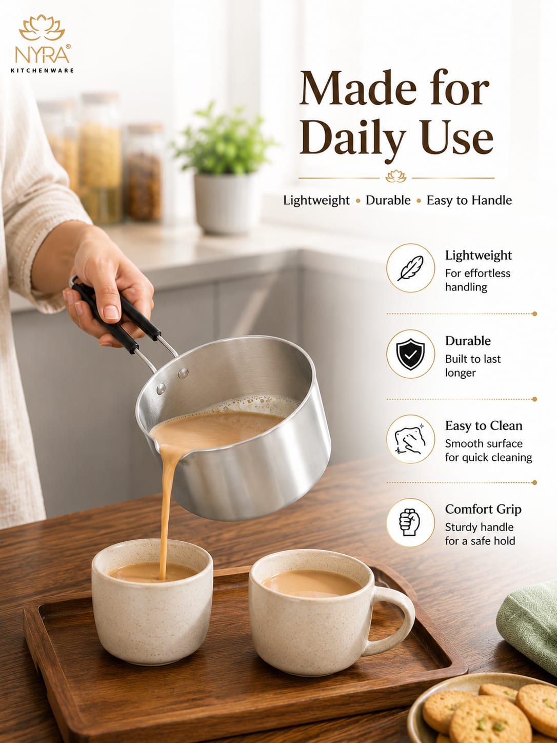 Aluminum Induction Sauce Pan with Steel Lid, Riveted PVC Handle & Swivel Hook