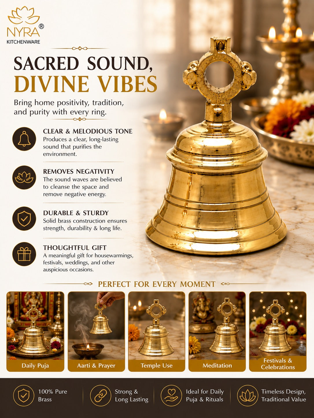 Pure Brass Temple Ghanta (2kg) – Traditional Handcrafted Puja Bell for Homes & Temples