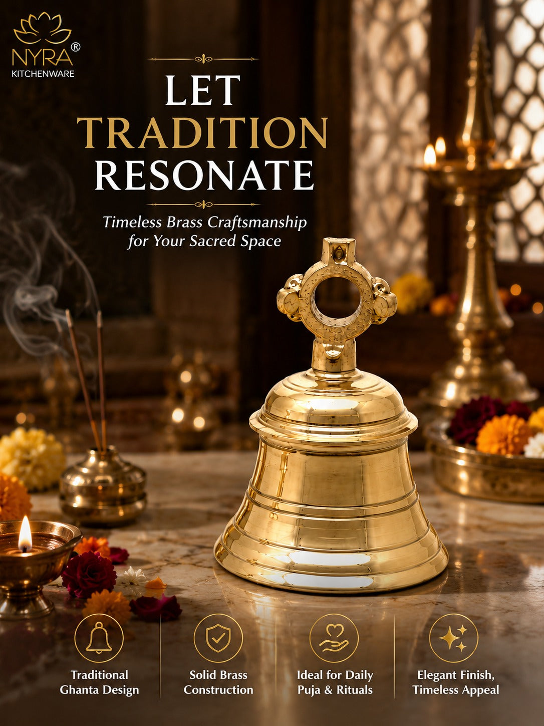 Pure Brass Temple Ghanta (2kg) – Traditional Handcrafted Puja Bell for Homes & Temples