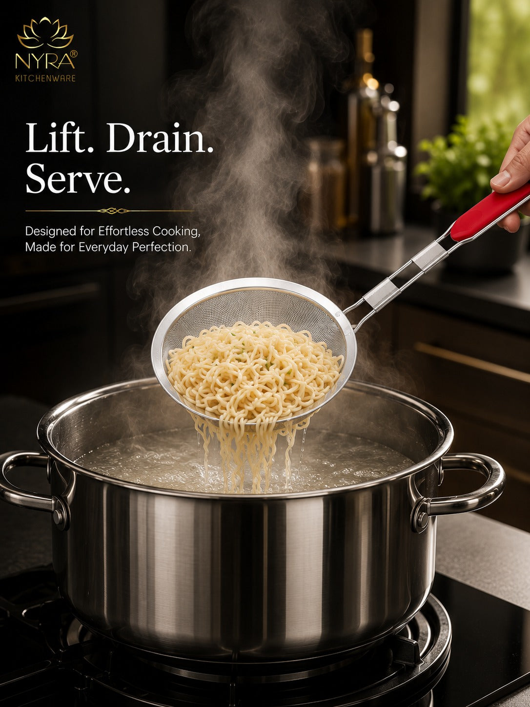 Stainless Steel Deep Fry Set with U-Shape Wooden Handle Jhara/Mesh/Wire/Skimmer/Puri Strainer for Kitchen