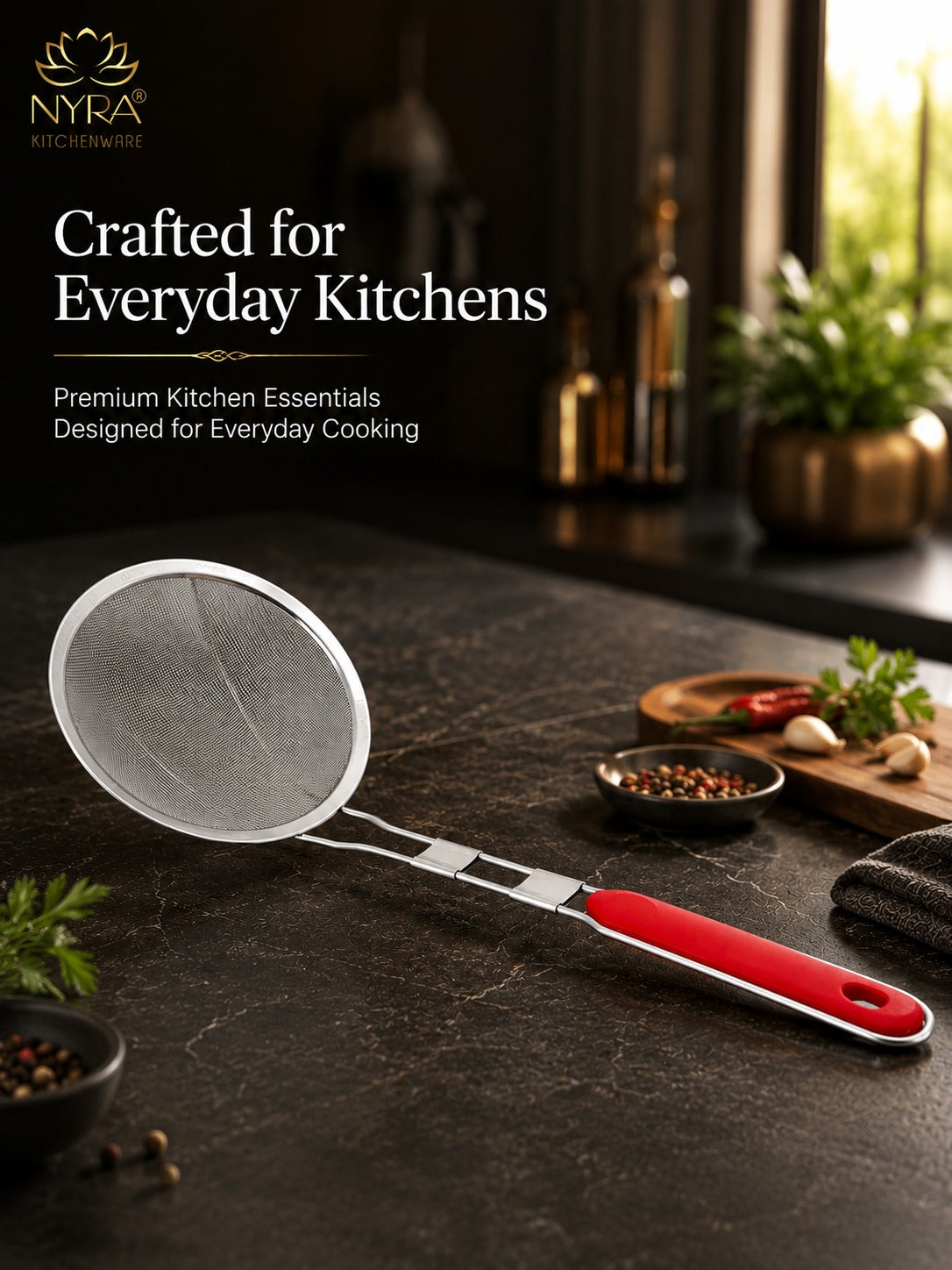 Stainless Steel Deep Fry Set with U-Shape Wooden Handle Jhara/Mesh/Wire/Skimmer/Puri Strainer for Kitchen