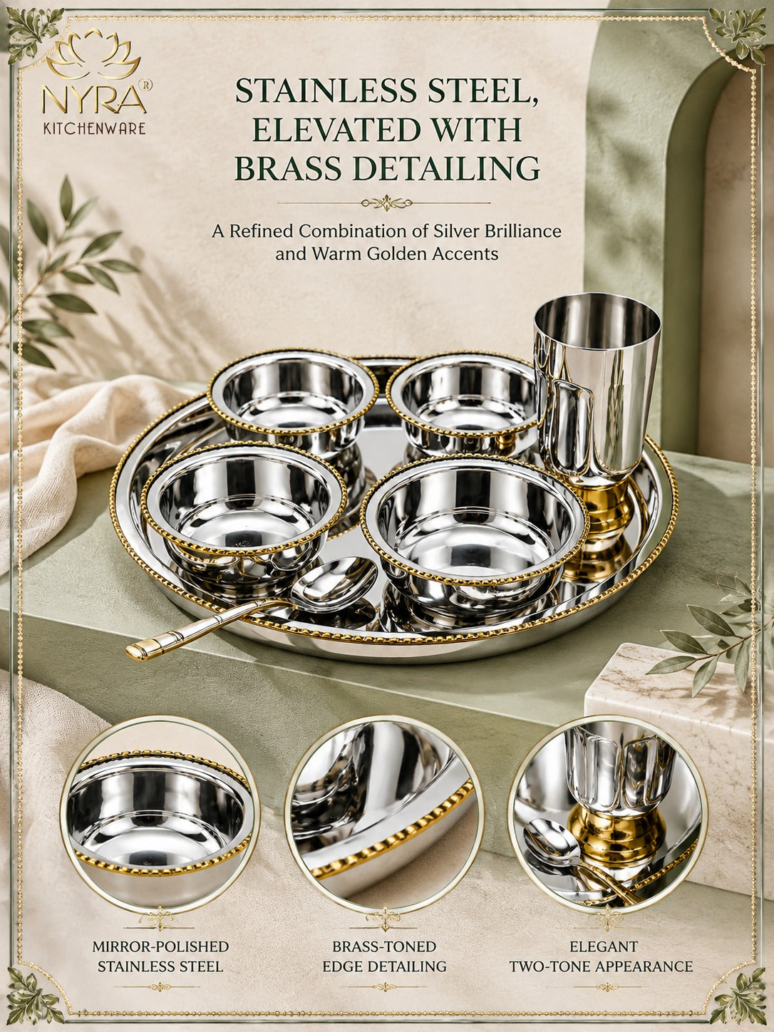 Stainless-Steel Two-Tone Thali Set with Brass detailing – 7 Pcs Set