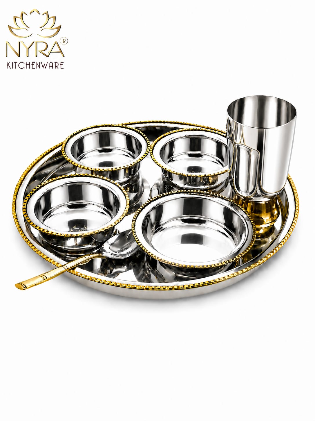 Stainless-Steel Two-Tone Thali Set with Brass detailing – 7 Pcs Set