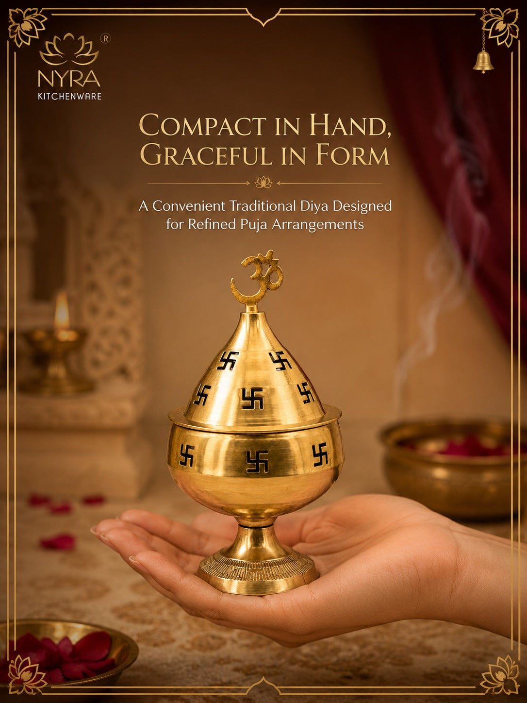 Pure Brass/Peetal Swastik Diya for Puja - 3 sizes