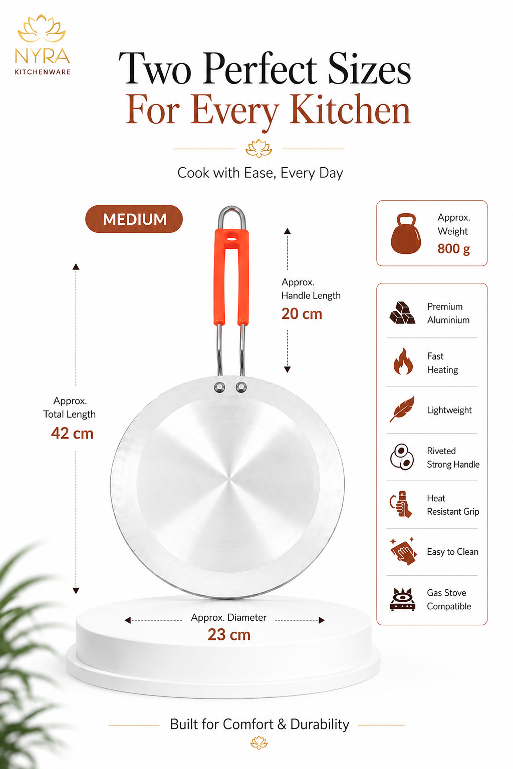 A product infographic for a medium-sized stainless steel frying pan with an orange handle, showing dimensions, weight, and feature highlights on a white background with the brand name Nyra Kitchenware.