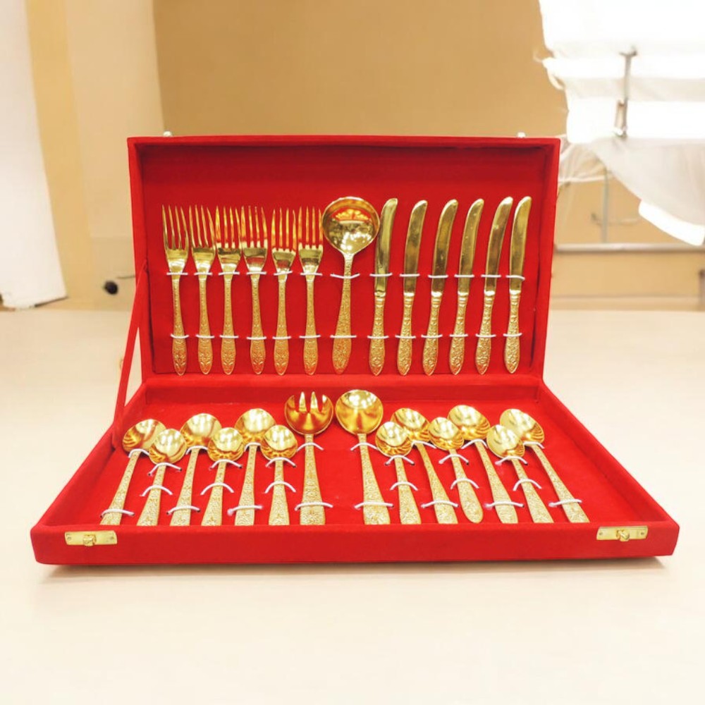 27-Piece Brass Cutlery Set in Premium Red Velvet Box – Royal Dining & Gifting Collection | RoyalStuffs