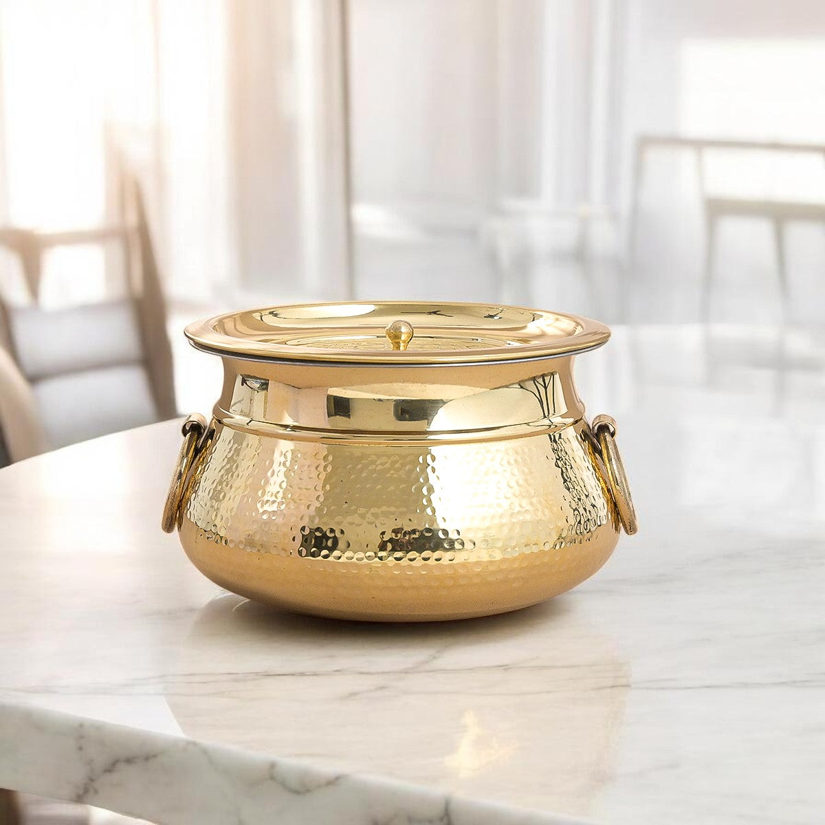 Hammered Brass Degchi Pot with Lid & Tin (Kalai) Coating – Traditional Heavy Brass Cooking Vessel | 3 Sizes | RoyalStuffs