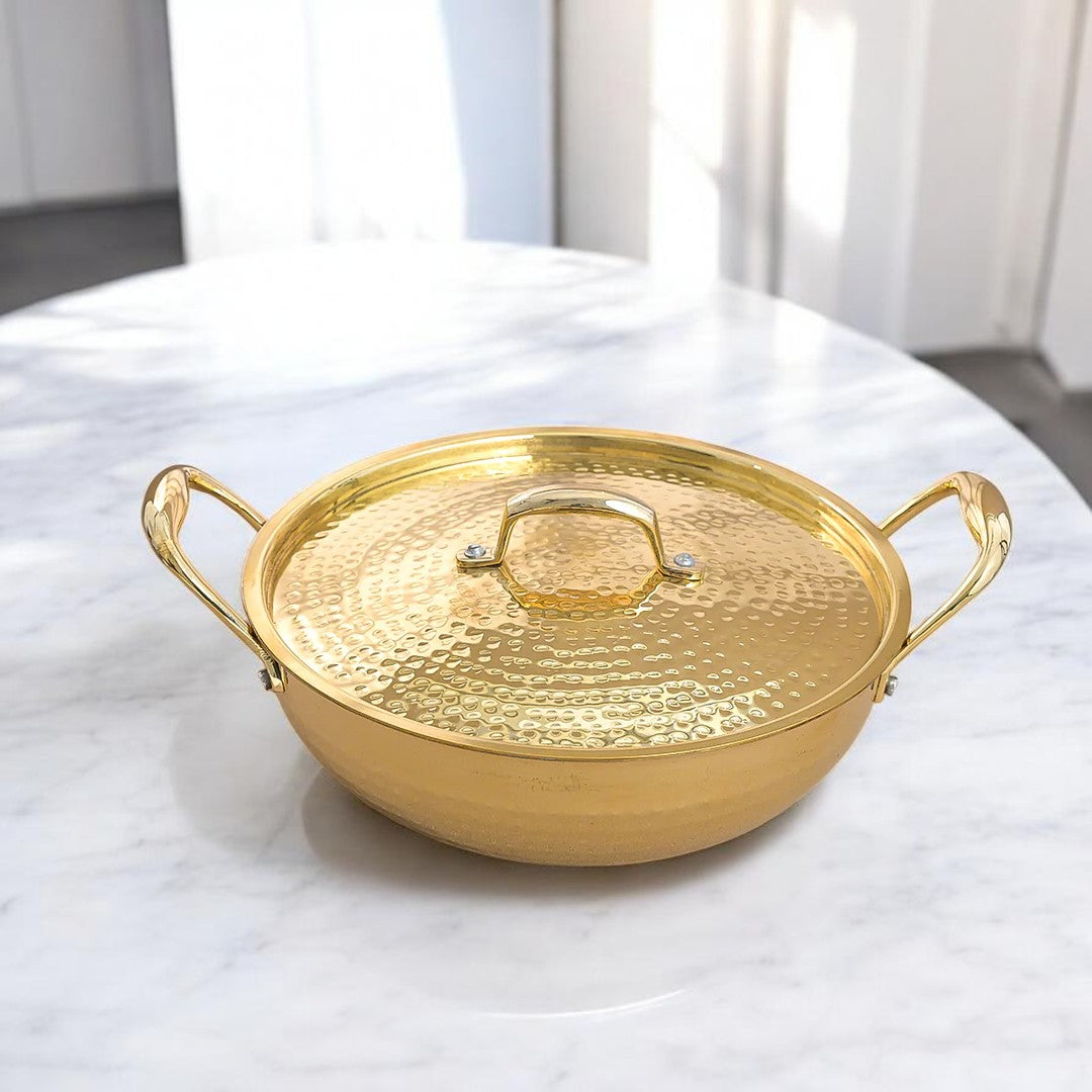 Hammered Brass Kadhai with Lid & Tin (Kalai) Coating – Traditional Heavy Brass Cooking & Serving Kadhai | 3 Sizes | RoyalStuffs
