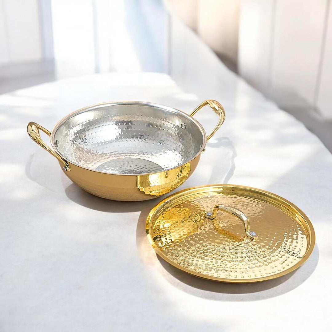 Hammered Brass Kadhai with Lid & Tin (Kalai) Coating – Traditional Heavy Brass Cooking & Serving Kadhai | 3 Sizes | RoyalStuffs