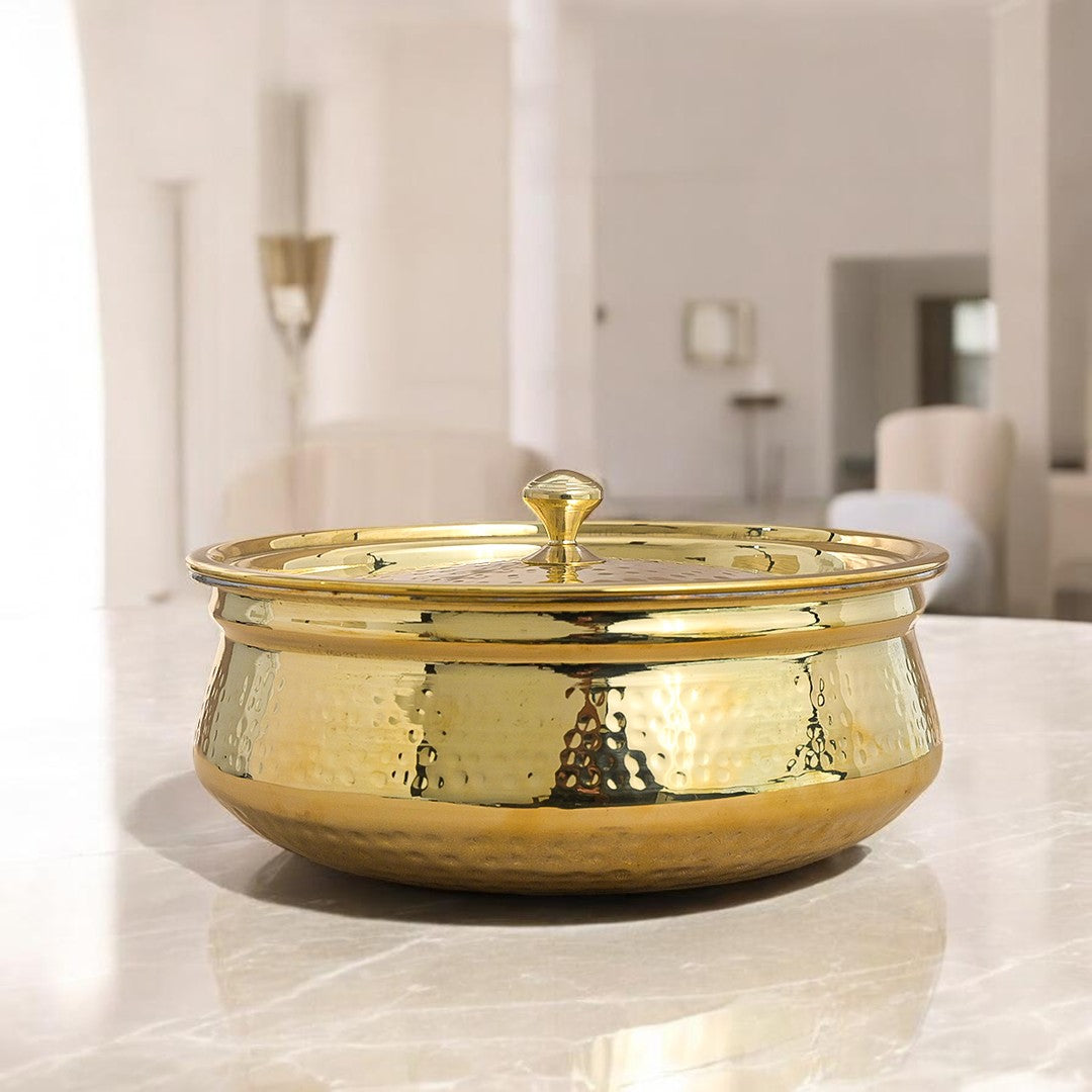 Hammered Brass Handi with Lid & Tin (Kalai) Coating – Traditional Heavy Brass Cooking & Serving Pot | RoyalStuffs