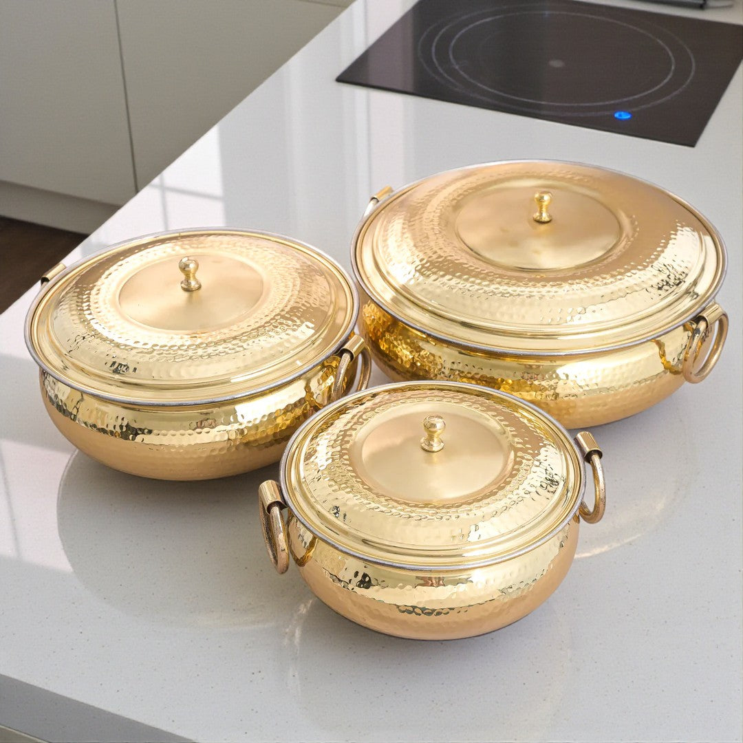 Hammered Mughlai Style Brass Handi with Lid & Tin (Kalai) Coating – Traditional Heavy Brass Cooking Pot | 3 Sizes | RoyalStuffs