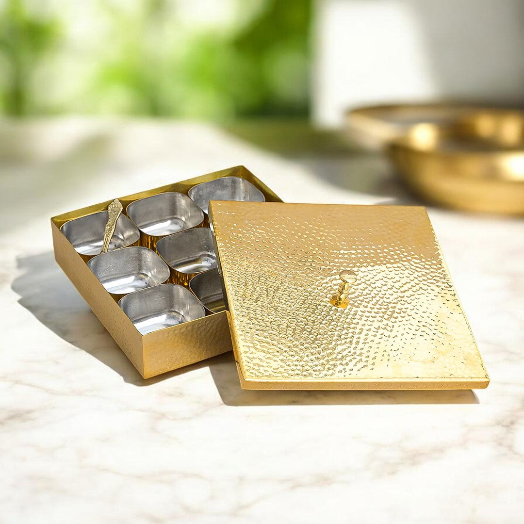 Hammered Brass Masaladani Square Shape with Tin (Kalai) Coating – Premium Spice Box with Lid & Spoon | Medium | RoyalStuffs