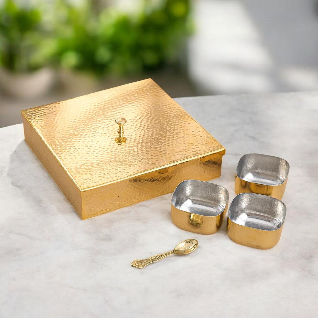 Hammered Brass Masaladani Square Shape with Tin (Kalai) Coating – Premium Spice Box with Lid & Spoon | Medium | RoyalStuffs