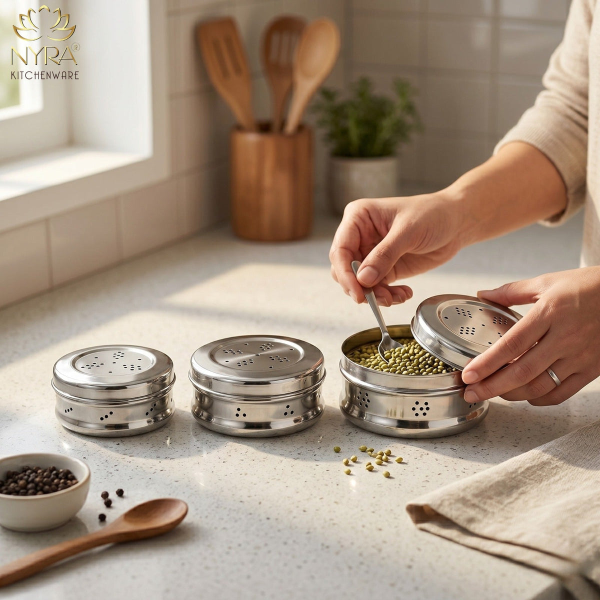 Stainless Steel Multipurpose Storage Container with Air Ventilation Holes - Set of 3 Pcs