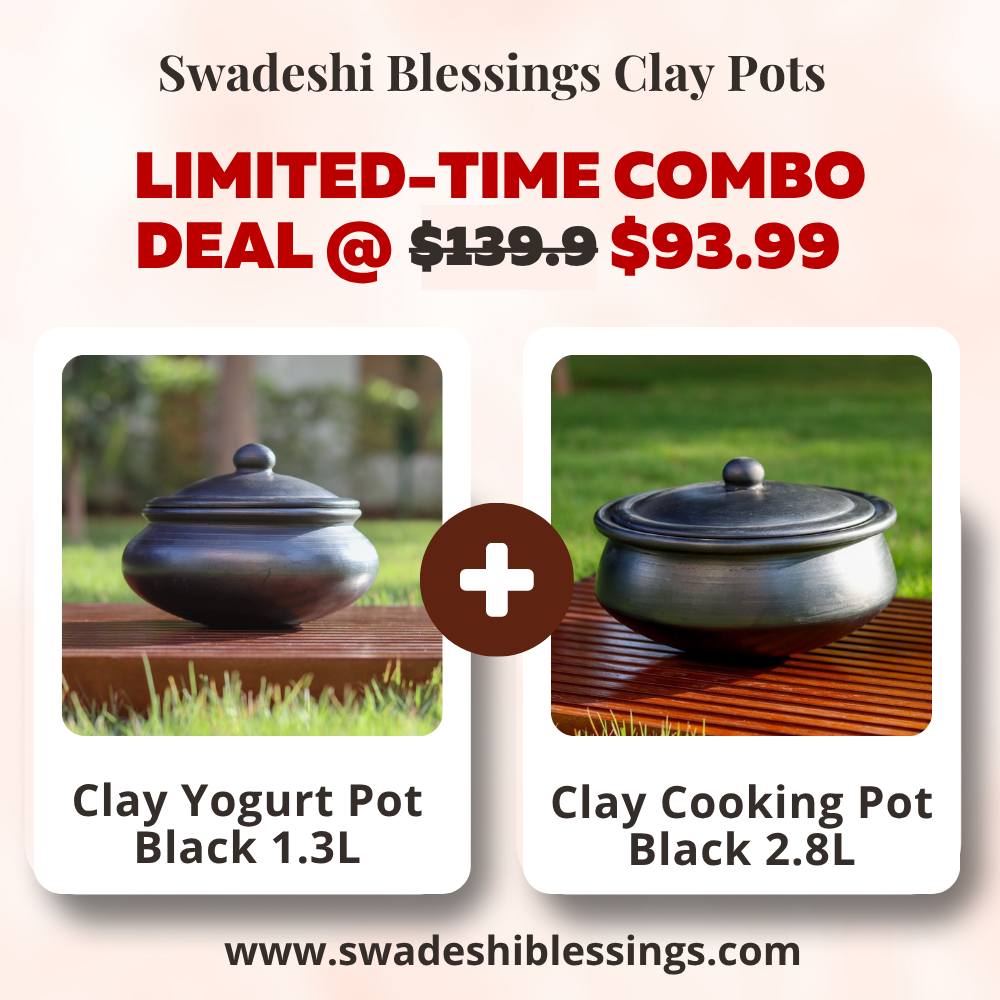 Unglazed Clay Handi & Earthen Curd Pot  / Clay Pots Combo For Cooking & Serving, 1.3L & 2.8L, Black (Natural Firing Shade & Mirror Shine)+FREE ASH For Cleaning