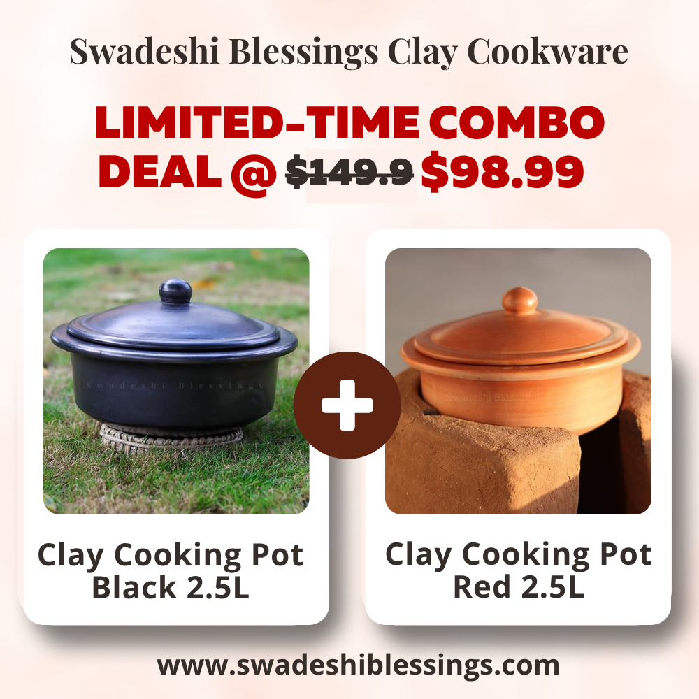 Unglazed Clay Handi / Earthen Bhagona / Clay Pots Combo for Cooking & Serving with Lids – 2.5L Black & 2.5L Red (Natural Firing Shade & Mirror Shine) + FREE Ash for Cleaning