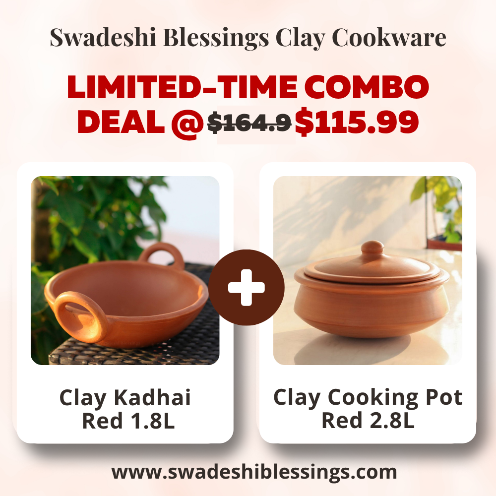 Unglazed Clay Handi / Terracotta pot / Earthen Kadai / Clay Pots Combo For Cooking & Serving, 1.8 & 2.8 Litres (Natural Firing Shade & Mirror Shine)+FREE ASH For Cleaning